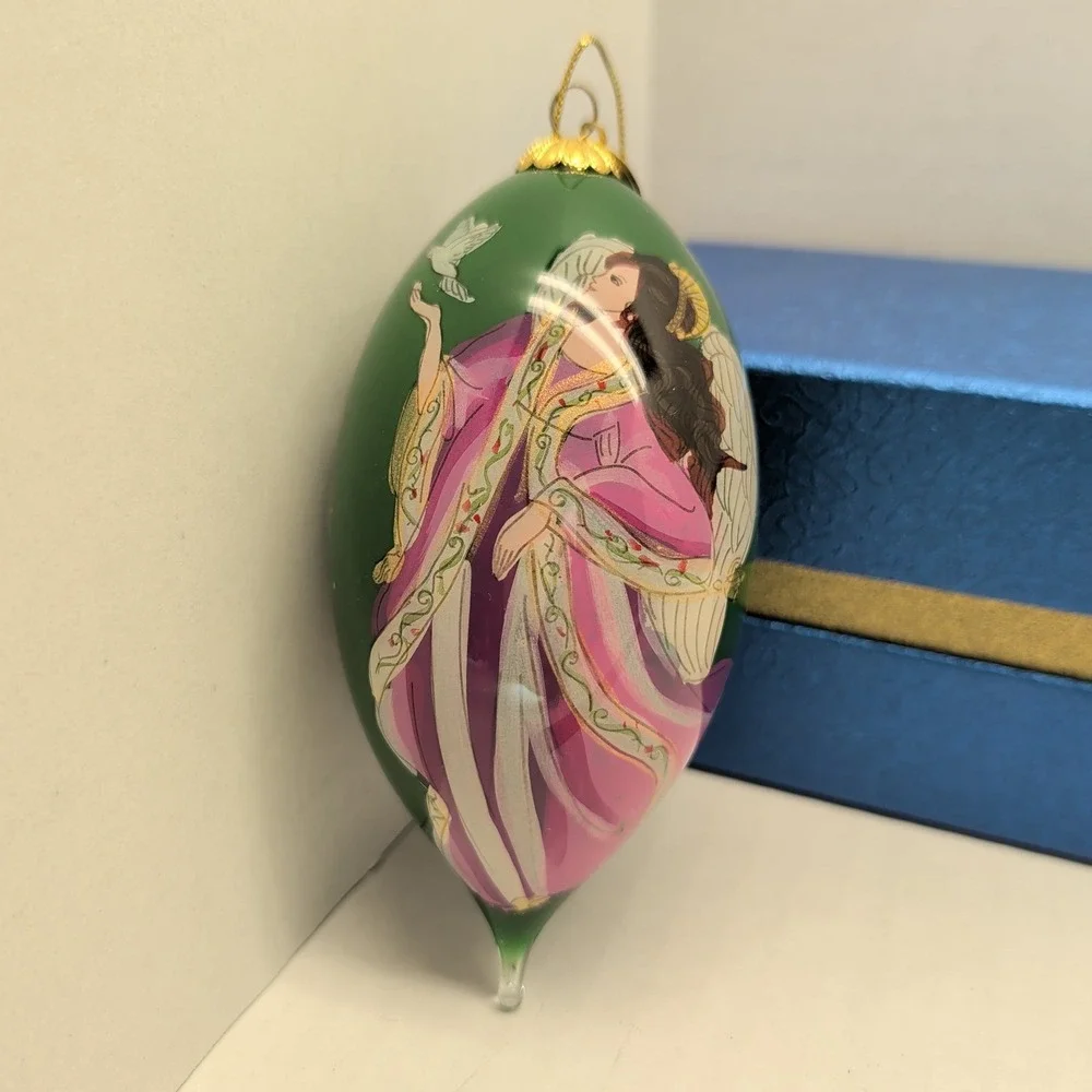 Pier 1 Li Bien Hand Painted Glass Angel Dove Teardrop Christmas Ornament 2014